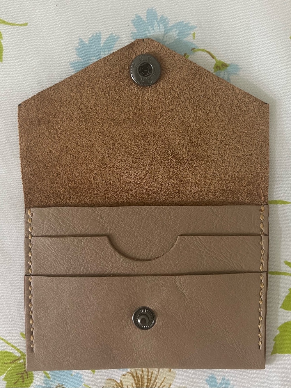 Hand Crafted Taupe Leather Card Wallet with Black Snap